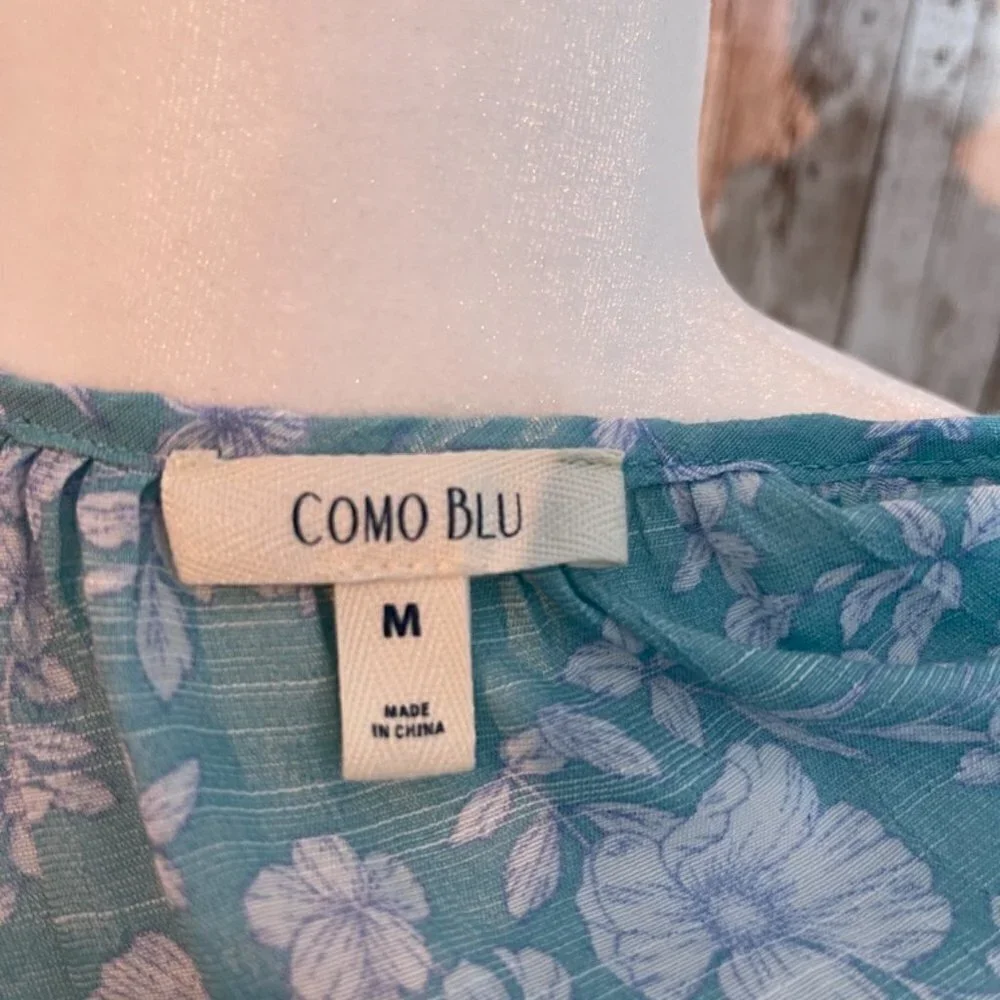 Como Blue Aqua & White Boho Blouse size Medium
